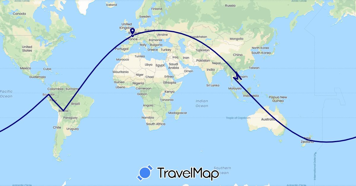 TravelMap itinerary: driving in Bolivia, Ecuador, France, Cambodia, Laos, New Zealand, Peru, Thailand, Vietnam (Asia, Europe, Oceania, South America)
